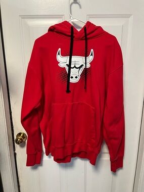 NBA Red Hoodie with Black Drawstrings and White Bull Graphic